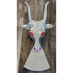 Vintage Bull Longhorn Steer Boot Jack Remover Door Stop Silver Metal w Red Eyes